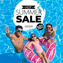 Family enjoying a pool day with a pink inflatable ring during a hot summer sale promotion offering 50% off.
