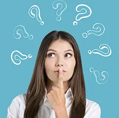 Woman thinking with her finger on her lips, surrounded by question marks on a blue background.