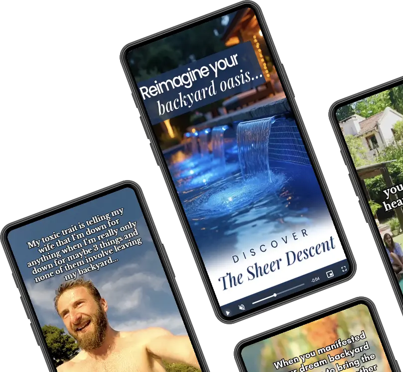Mobile phones showcasing luxury backyard pool designs and lifestyle videos promoting pool builders — featuring a modern pool with sheer descent waterfall and captions about reimagining your backyard oasis.