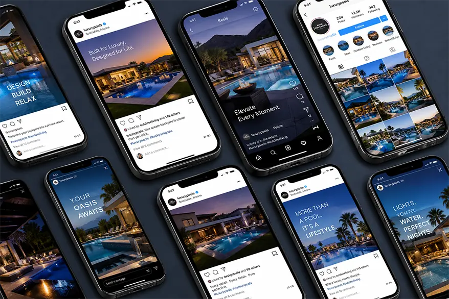 Luxury pool and outdoor living social media mockup displayed across multiple smartphones featuring modern pool designs, Instagram-style posts, reels, stories, and profile layouts.