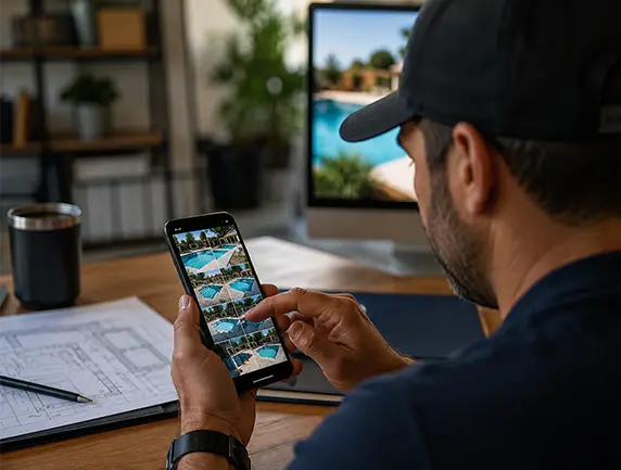 Pool professional reviewing pool project photos on a smartphone while working at a desk