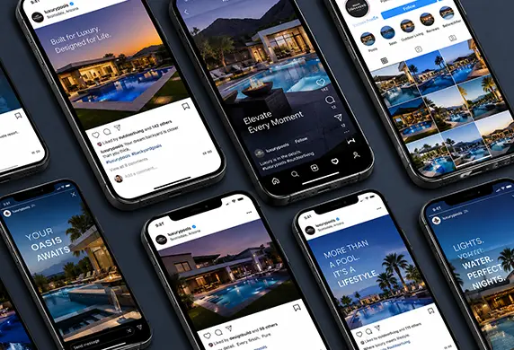 Luxury pool and outdoor living social media content displayed across multiple smartphone screens
